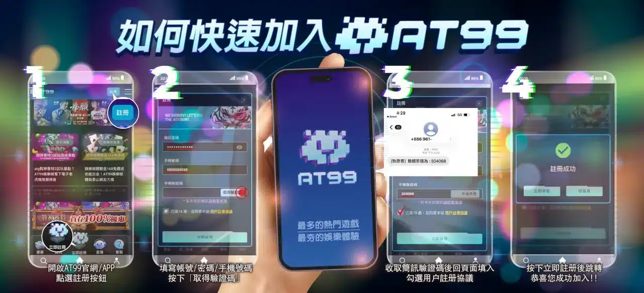 AT99註冊教學流程圖，手機操作4步驟快速加入平台