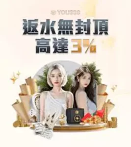 YOU888 娛樂城返水活動橫幅,畫面呈現女性角色形象與返水比例主題視覺